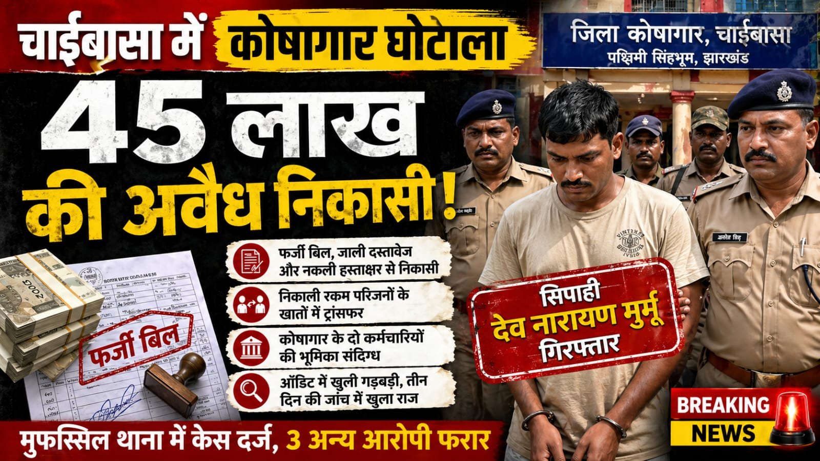 चाईबासा कोषागार घोटाले में जांच करती पुलिस और गिरफ्तार आरोपी