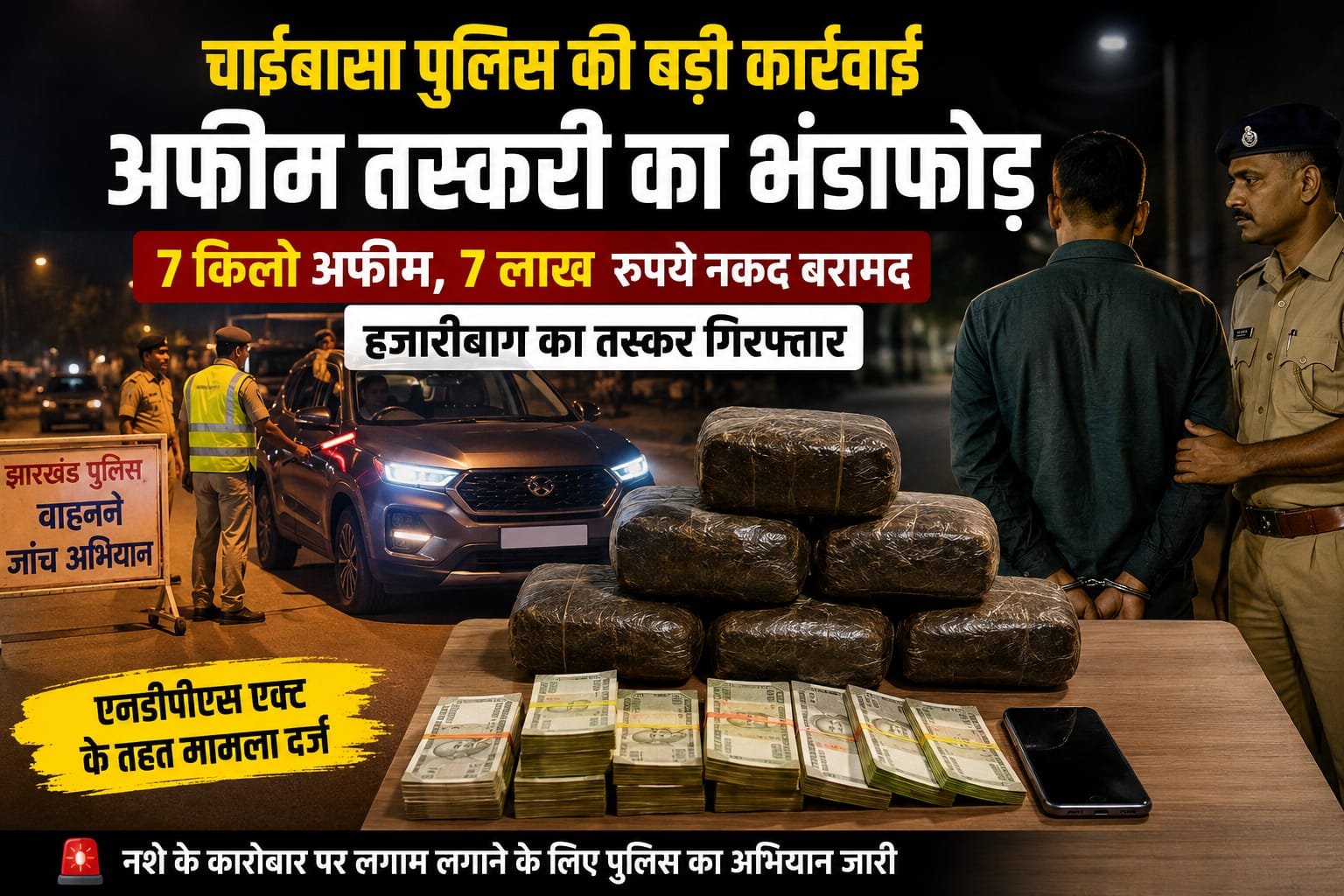 बंदगांव में पुलिस ने 7 किलो अफीम, 7 लाख रुपये नकद और मोबाइल के साथ हजारीबाग निवासी तस्कर राहुल कुमार साहू गिरफ्तार