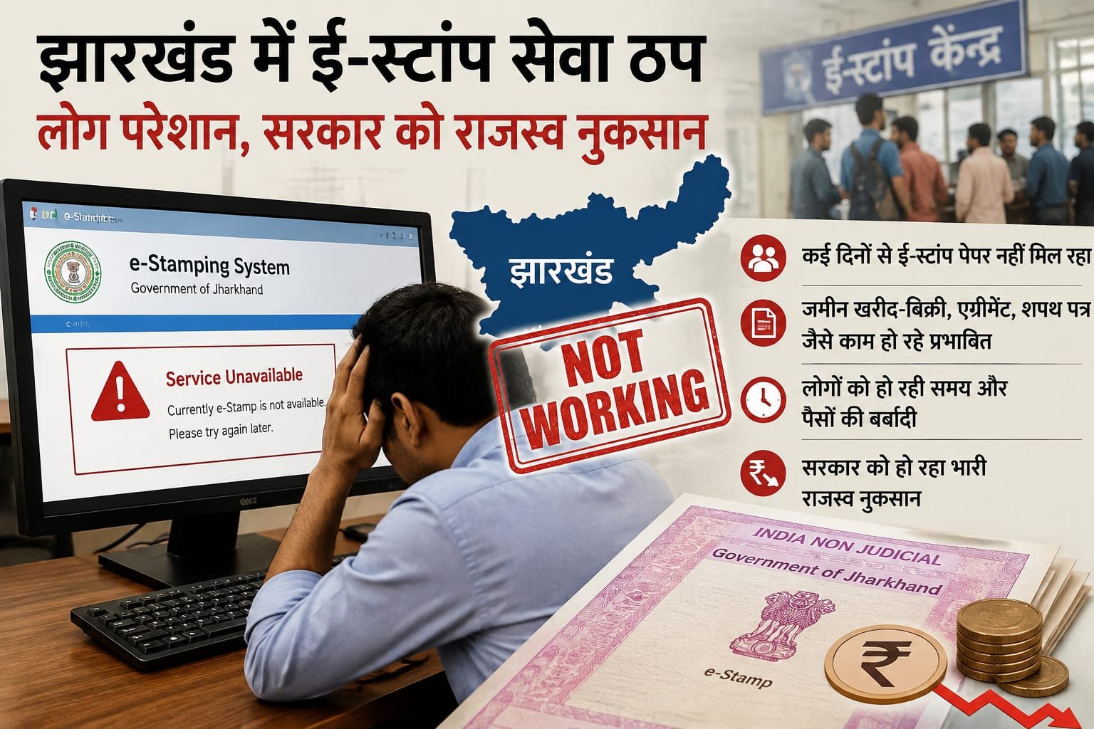 झारखंड में ई-स्टांप पेपर नहीं मिलने से परेशान लोग