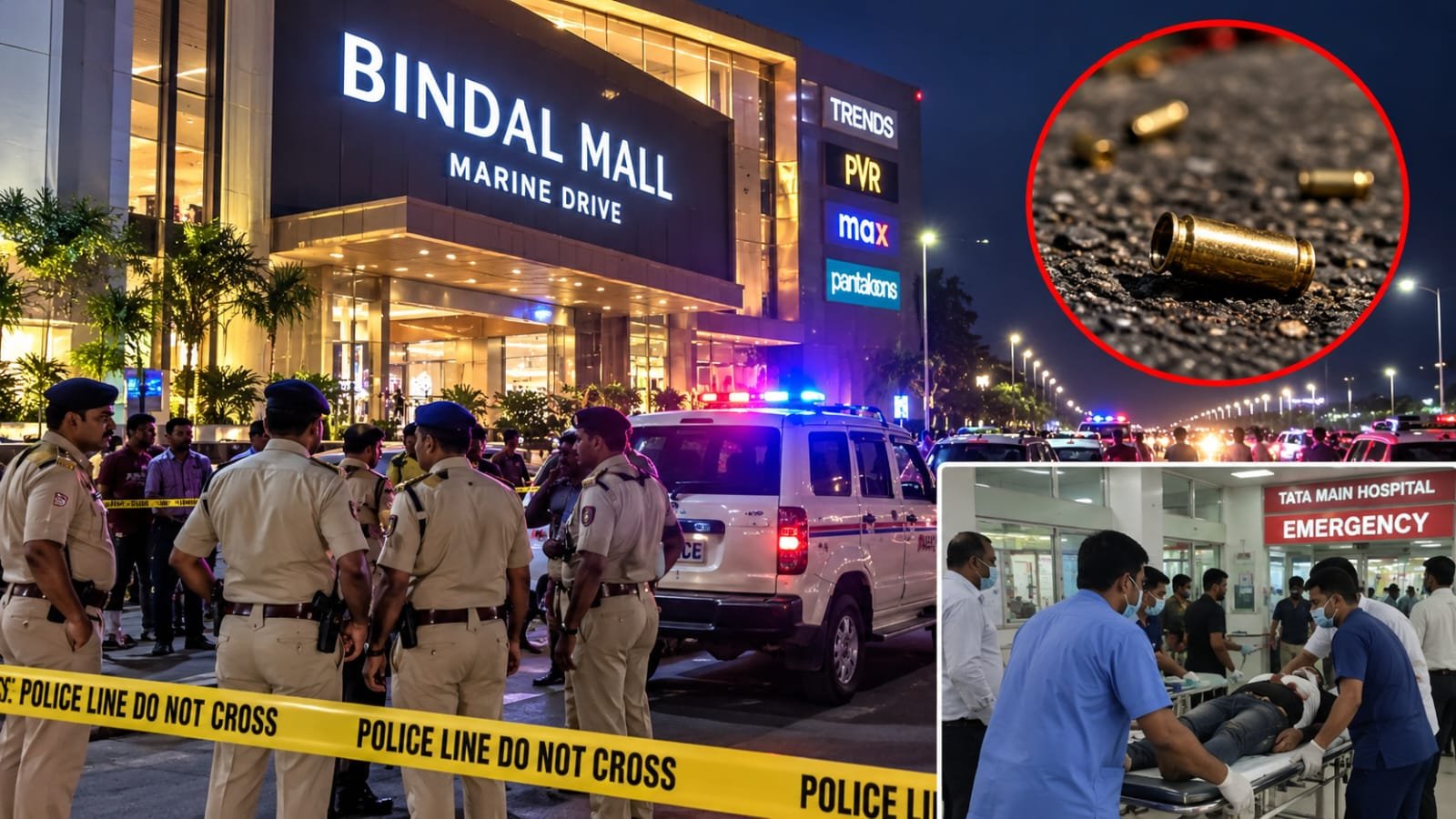 मरीन ड्राइव स्थित बिंदल मॉल के पास फायरिंग के बाद जांच करती पुलिस।