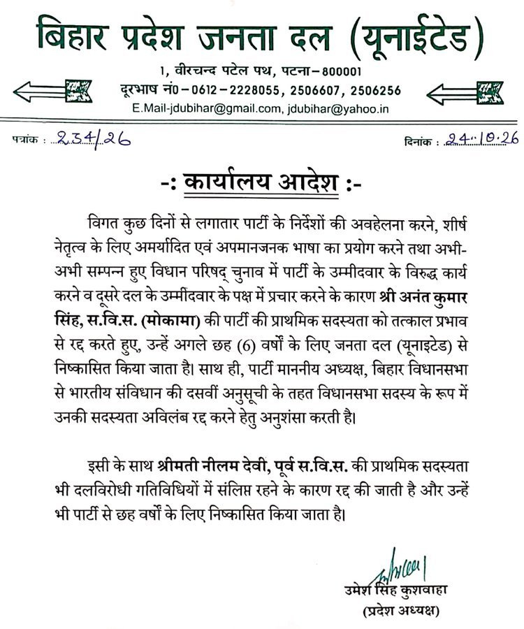 जदयू प्रदेश अध्यक्ष उमेश सिंह कुशवाहा के हस्ताक्षर वाला अनंत कुमार सिंह और नीलम देवी के निष्कासन संबंधी कार्यालय आदेश